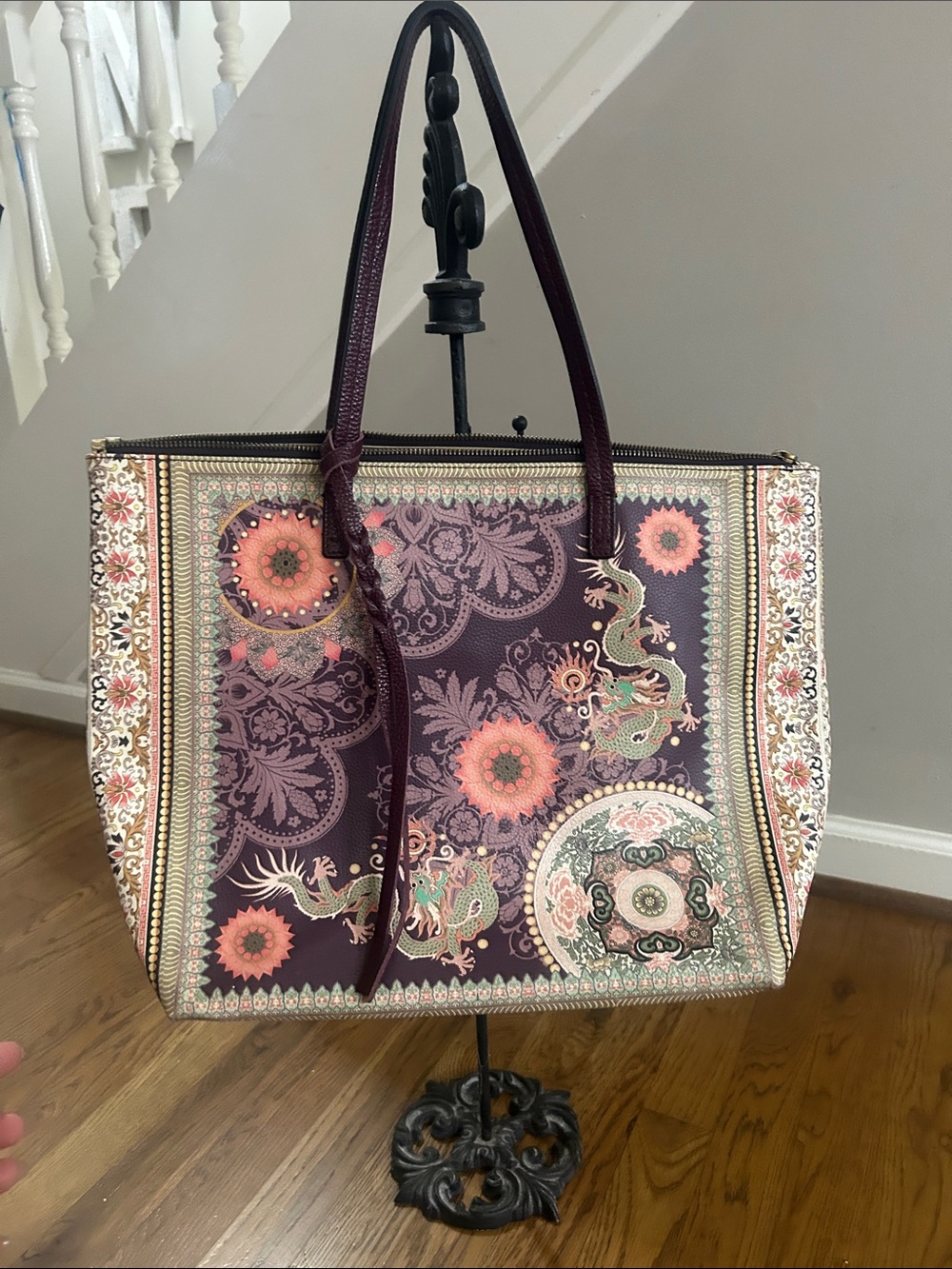 RARE Johnny Was Floral Dragon Tote Bag in Deep Plum
